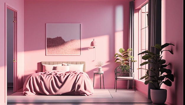 Foto un dormitorio rosa con una cama y una ventana.