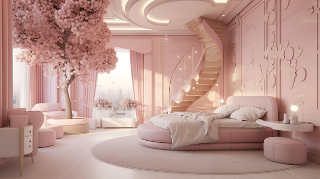 Foto un dormitorio rosa con escalera y escaleras.