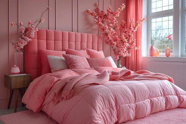 Un dormitorio rosa está decorado con flores y pintura rosa.