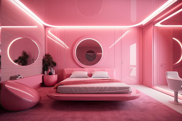 Dormitorio rosa futurista con detalles metálicos y cama flotante