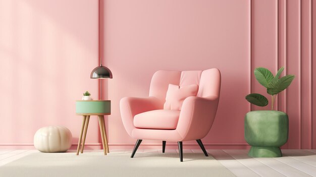 Dormitorio rosa minimalista con sillón verde