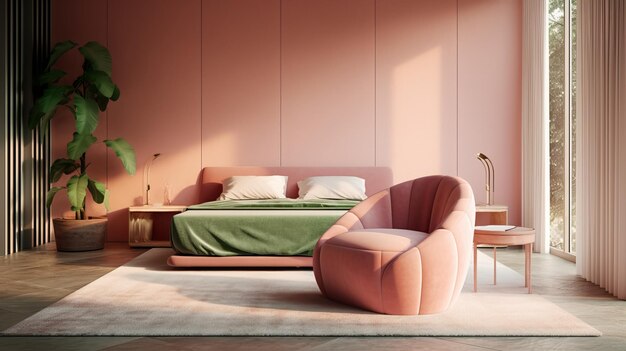 Dormitorio rosa minimalista con sillón verde