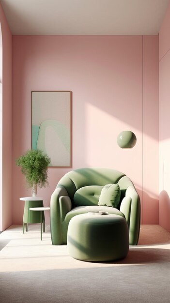 Dormitorio rosa minimalista con sillón verde