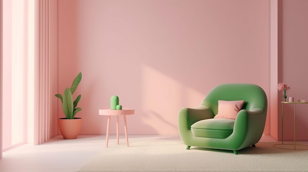 Dormitorio rosa minimalista con sillón verde