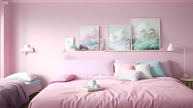 Un dormitorio rosa con ropa de cama rosa y almohadas rosas.