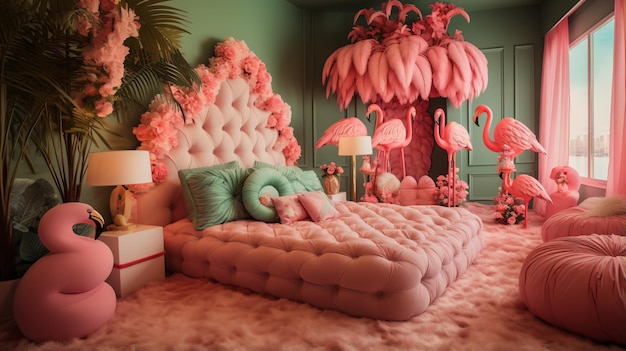 Dormitorio rosa y verde con decoración de flamenco