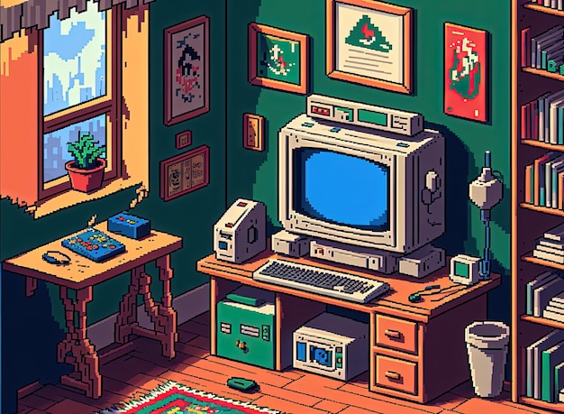 Dormitorio de la sala de juegos de arte de píxeles con fondo de consolas de videojuegos en estilo retro para IA de juegos de 8 bits