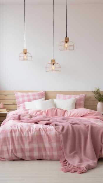 Un dormitorio sencillo y acogedor con ropa de cama a cuadros rosa y blanca.