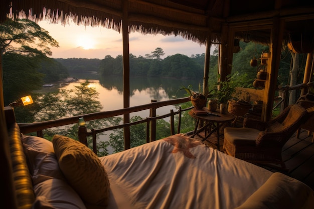 Dormitorio sereno y lujoso con impresionante ventana panorámica con vista al lago al atardecer