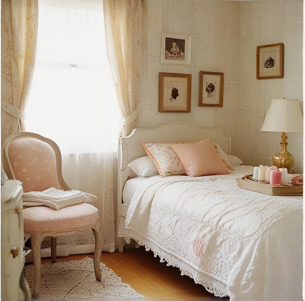 Foto un dormitorio con una silla de cama y imágenes en la pared