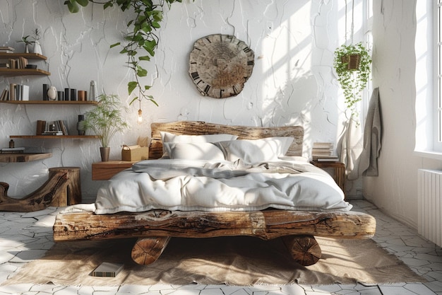 Dormitorio de tierra y natural con piel de madera recuperada
