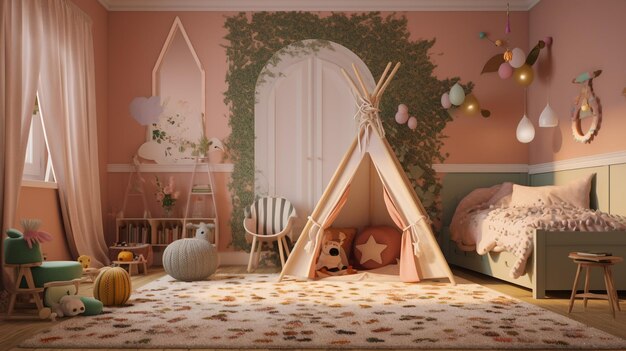 Un dormitorio con un tipi en la esquina de la habitación.