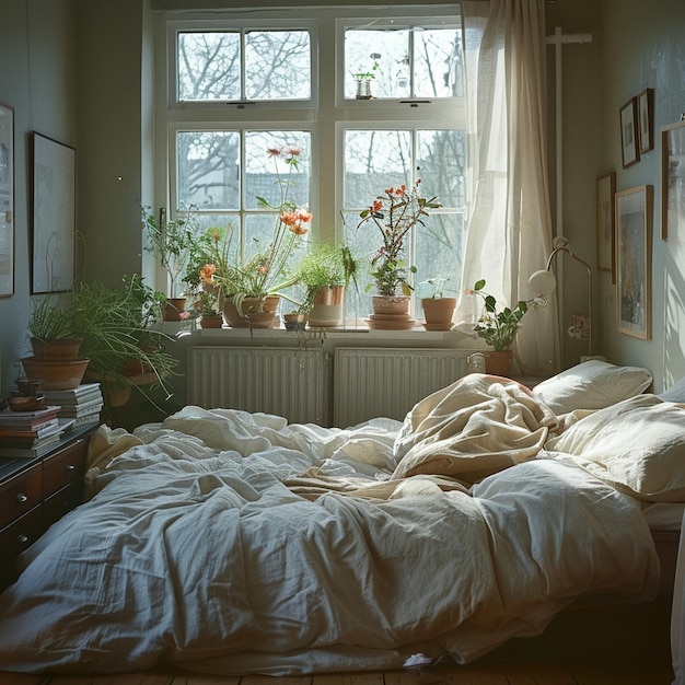 Un dormitorio tranquilo con una cama sin hacer y una luz suave para el día mundial del sueño.