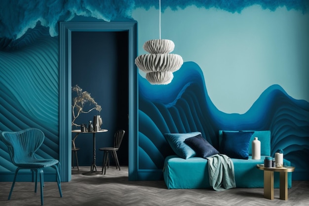 Un dormitorio tranquilo con muebles Pantone azules y una decoración relajante