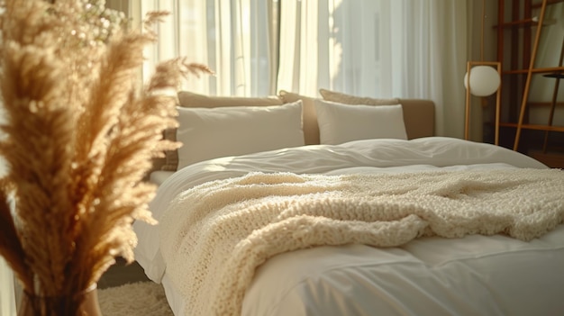 Un dormitorio tranquilo con ropa de cama de peluche y iluminación suave perfecto para el descanso y la relajación