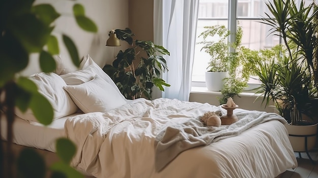 Un dormitorio con ventana y una cama con sábanas blancas y un peluche encima.