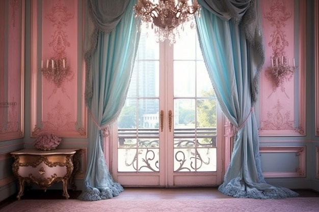 Un dormitorio con una ventana y cortinas que dicen que son un poco francesas.