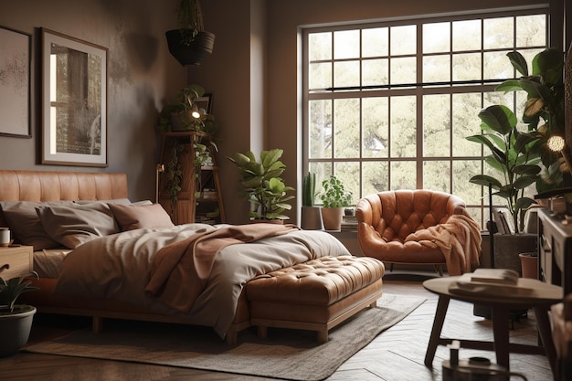Un dormitorio con una ventana grande que tiene una imagen de una planta