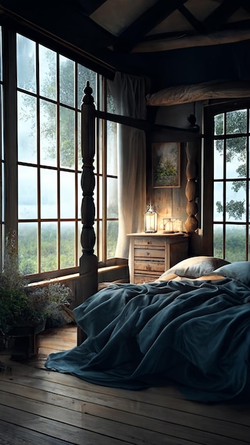 Un dormitorio con una ventana que dice "la palabra" en ella