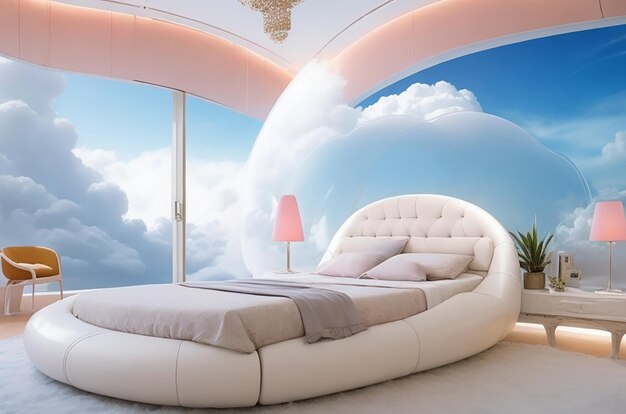 Dormitorio Venus futurista con tema de nubes flotantes