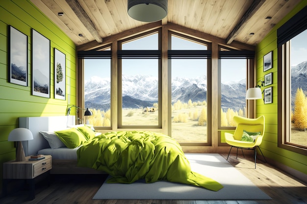 Un dormitorio verde con una gran ventana que dice la palabra