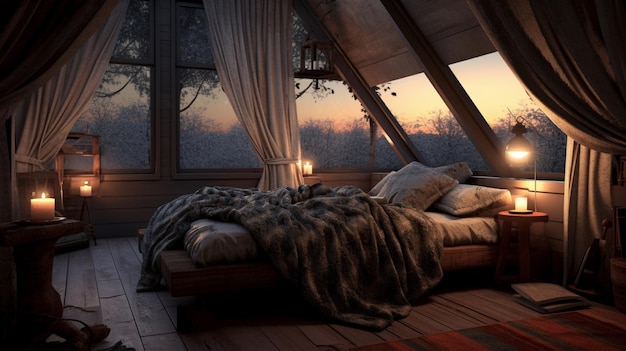 Un dormitorio con vista al atardecer