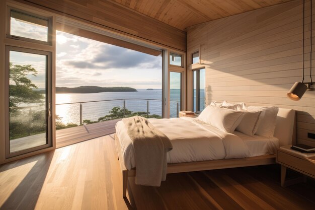 Un dormitorio con vista al mar y al cielo.