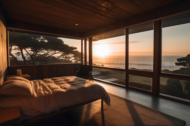 Un dormitorio con vista al mar y al sol.