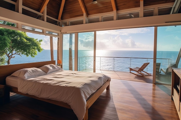 Un dormitorio con vista al mar y una cama con una manta encima.