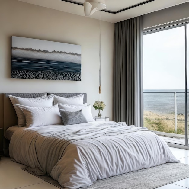 Un dormitorio con vista al mar y un cuadro en la pared.