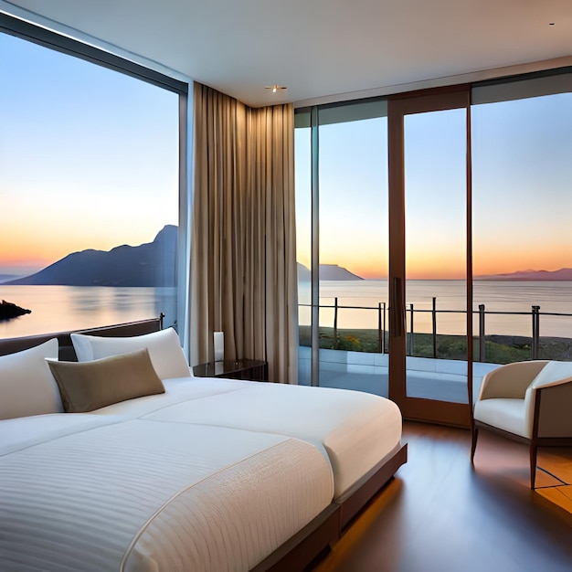 Un dormitorio con vista al mar y las montañas.