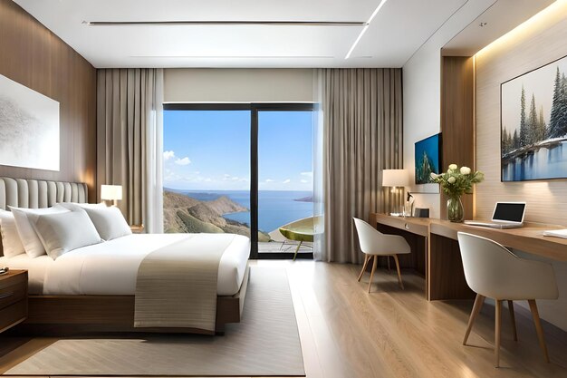 Un dormitorio con vista al mar y las montañas.