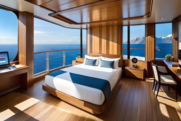 Un dormitorio con vista al mar y a las montañas.