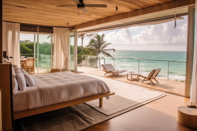 Un dormitorio con vista al mar y la playa.