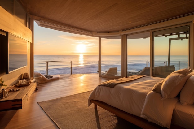 Un dormitorio con vista al mar y la puesta de sol.