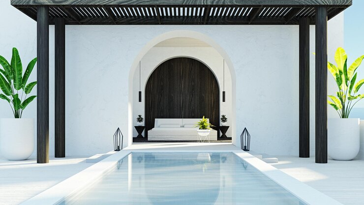 Dormitorio vista al mar Vida en la playa Estilo de la isla de Santorini Representación 3D