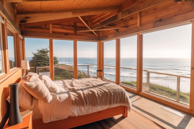 Un dormitorio con vista al mar.