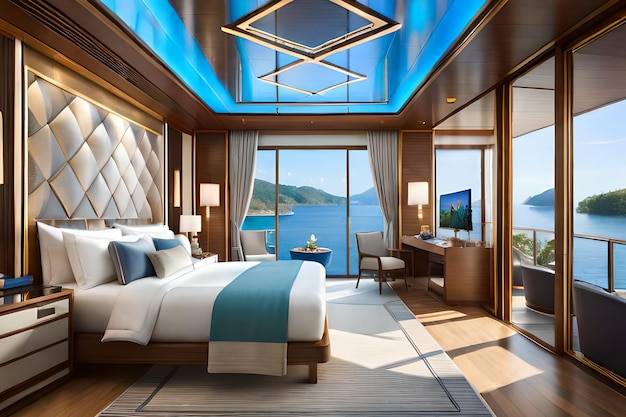 Un dormitorio con vista al mar.