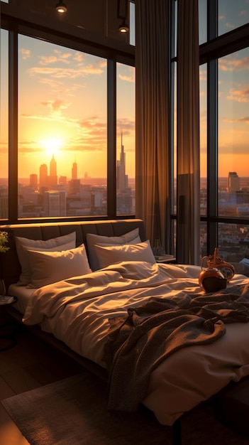 Un dormitorio con vista a la ciudad al atardecer.