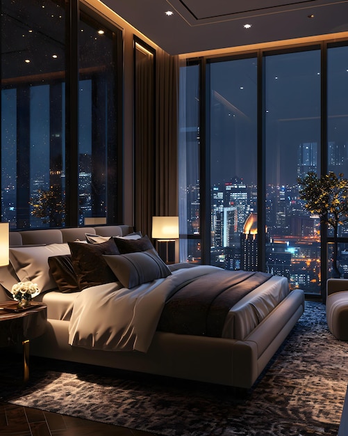 un dormitorio con una vista de una ciudad por la noche