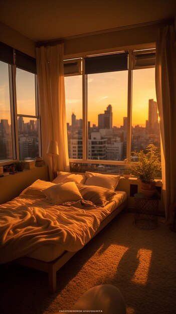 Un dormitorio con vista a la ciudad.