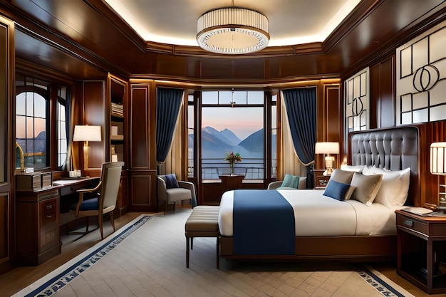 Un dormitorio con vista a un lago y montañas.