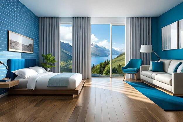 Foto un dormitorio con vista a una montaña y una pared azul.