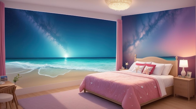 Un dormitorio con vista a la playa y al cielo