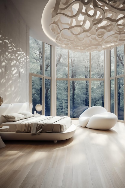 Un dormitorio con vistas al bosque.