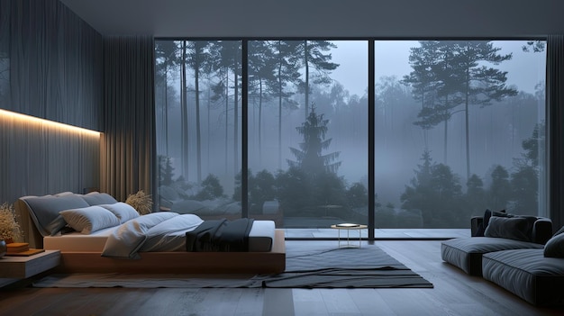 un dormitorio con vistas a un bosque