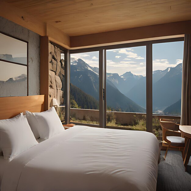 un dormitorio con vistas a las montañas y una cama con vistas a los montes