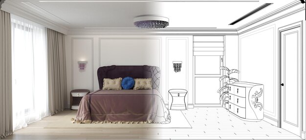 dormitorio, visualización de interiores, ilustración 3D