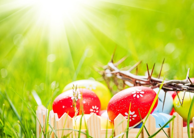 Dornenkrone und bunte Eier im grünen Gras am sonnigen Osterhintergrund