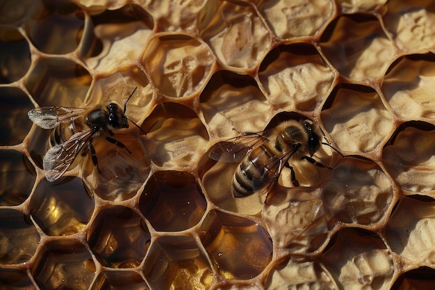 Dos abejas exploran un panal que muestra el trabajo en equipo y la armonía en un entorno natural
